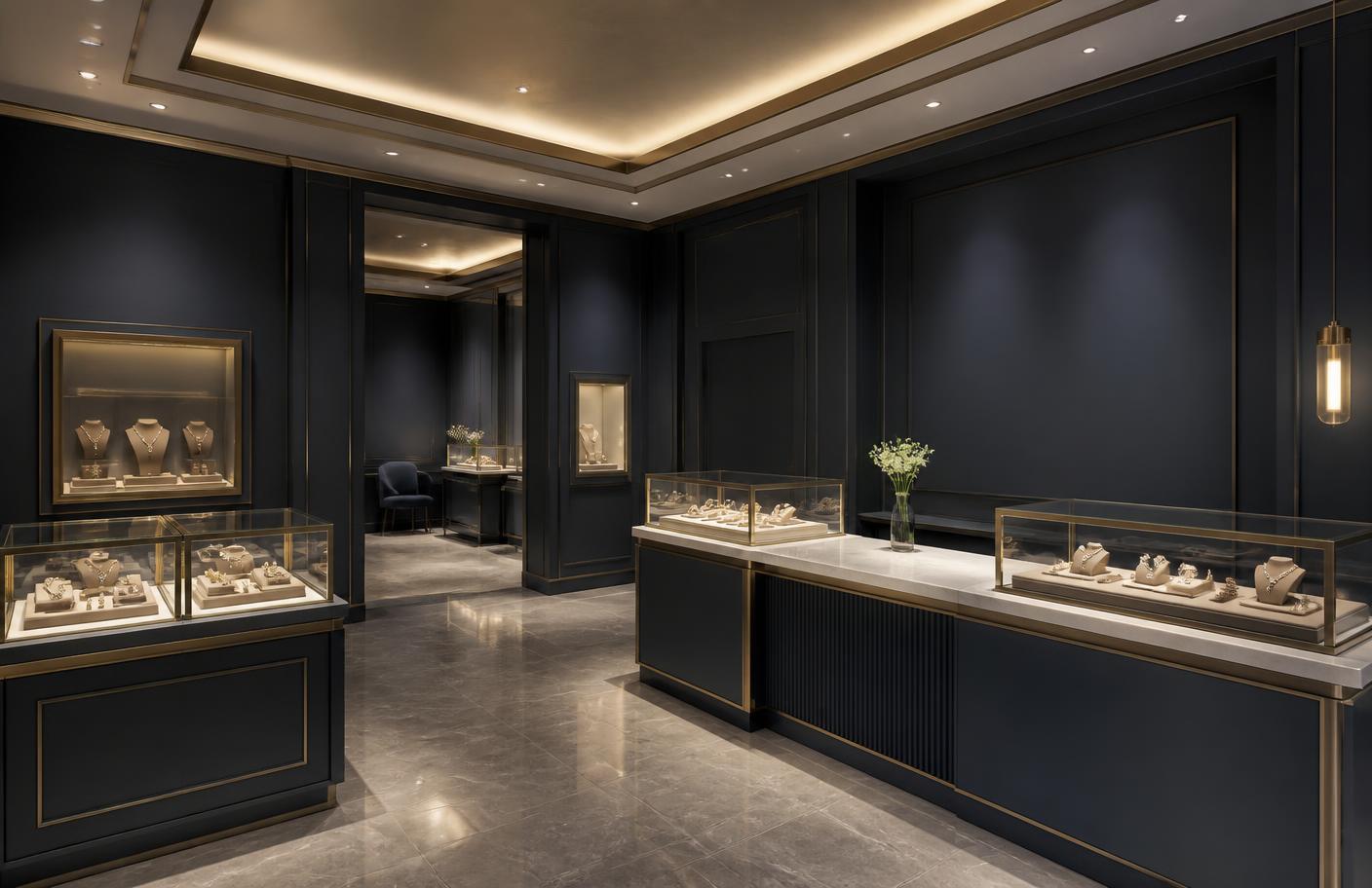 Interieur van de zaak van Royal Classic met verlichte vitrines